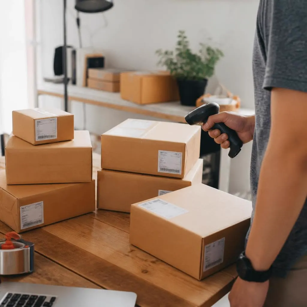 Labelled courier parcels stacked and being scanned for dispatch
