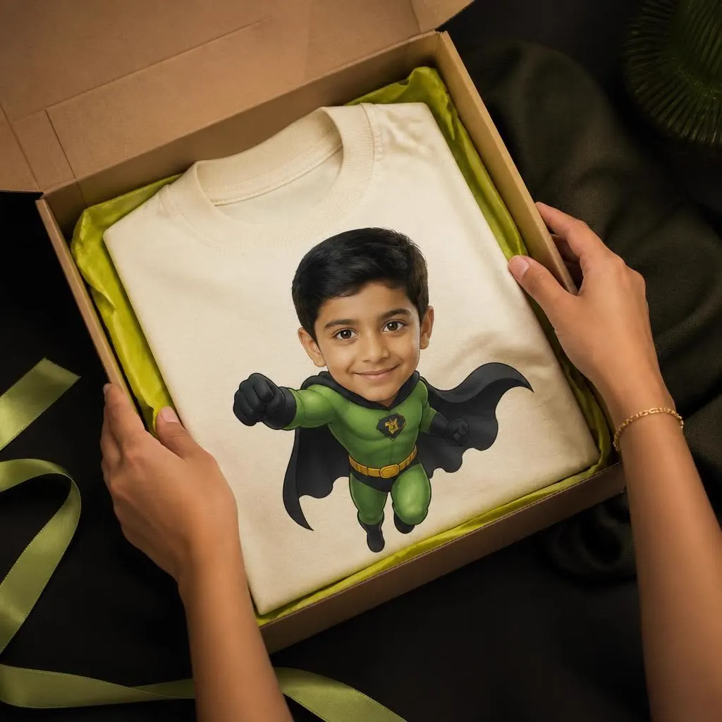 Hands packing a t-shirt, sipper bottle and framed poster into a kraft gift box